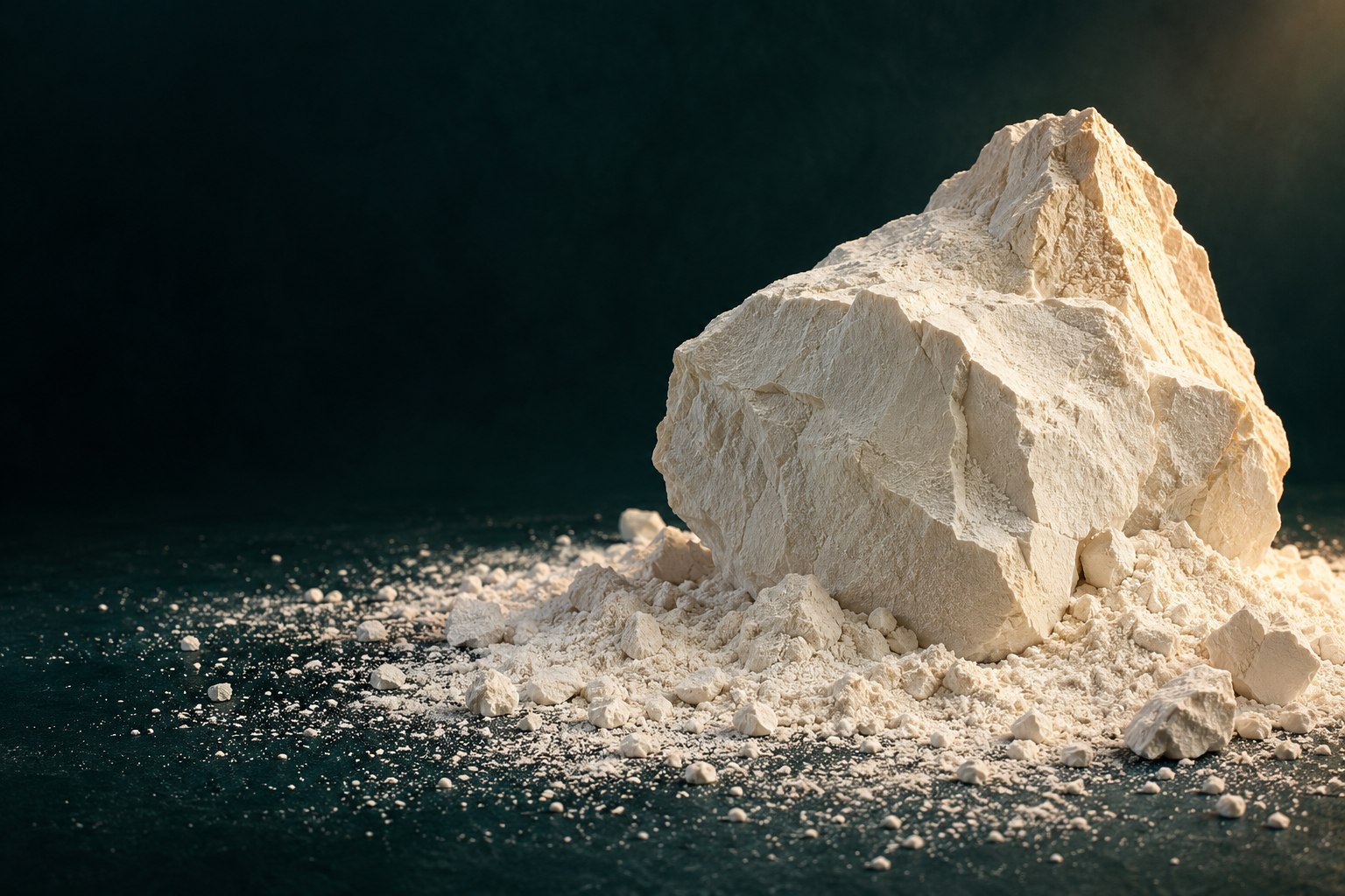 Illustrative pale mineral rock and fine powder against a dark petrol background