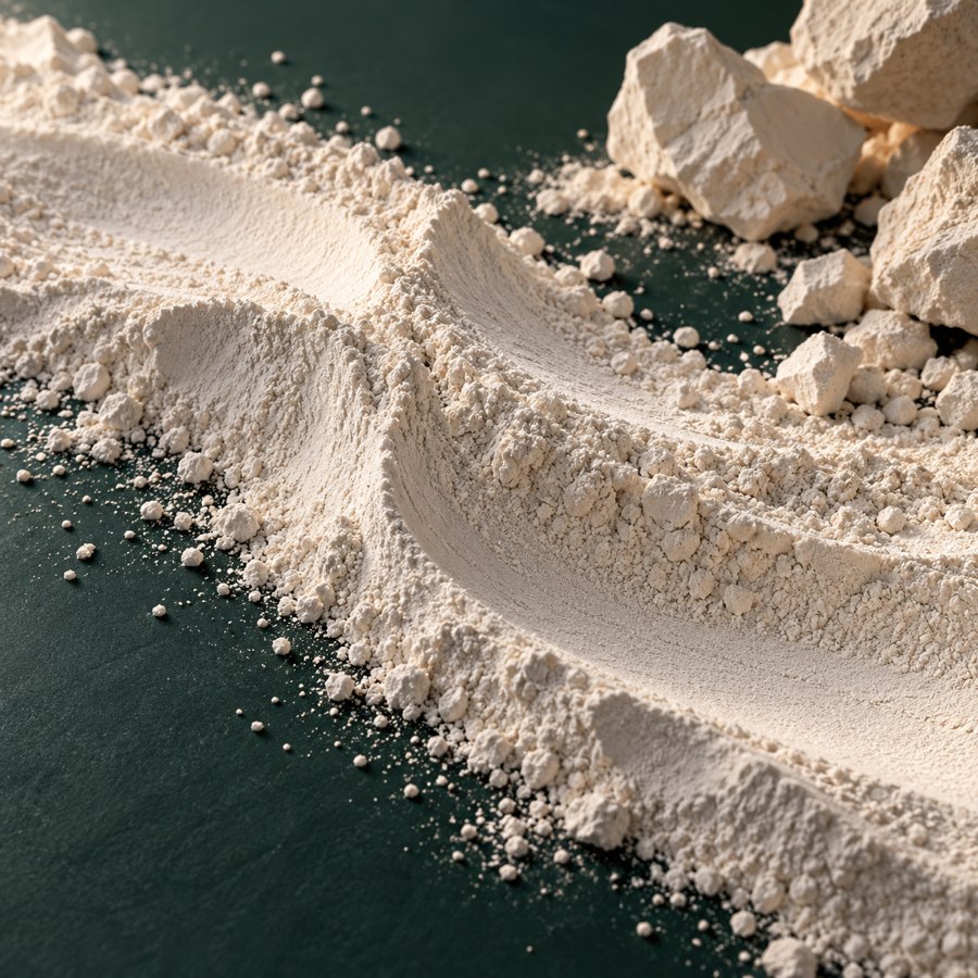 Illustrative close-up of fine pale mineral powder and chalky fragments